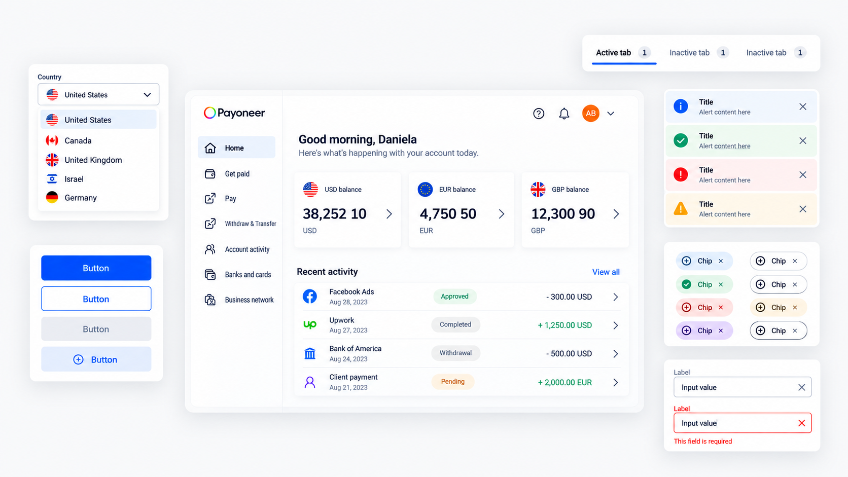 New Payoneer components around a redesigned dashboard
