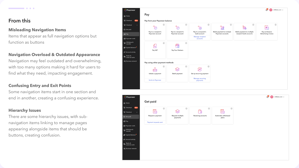 From this: Pay and Get paid selection pages, grids of boxes mixing actions and pages