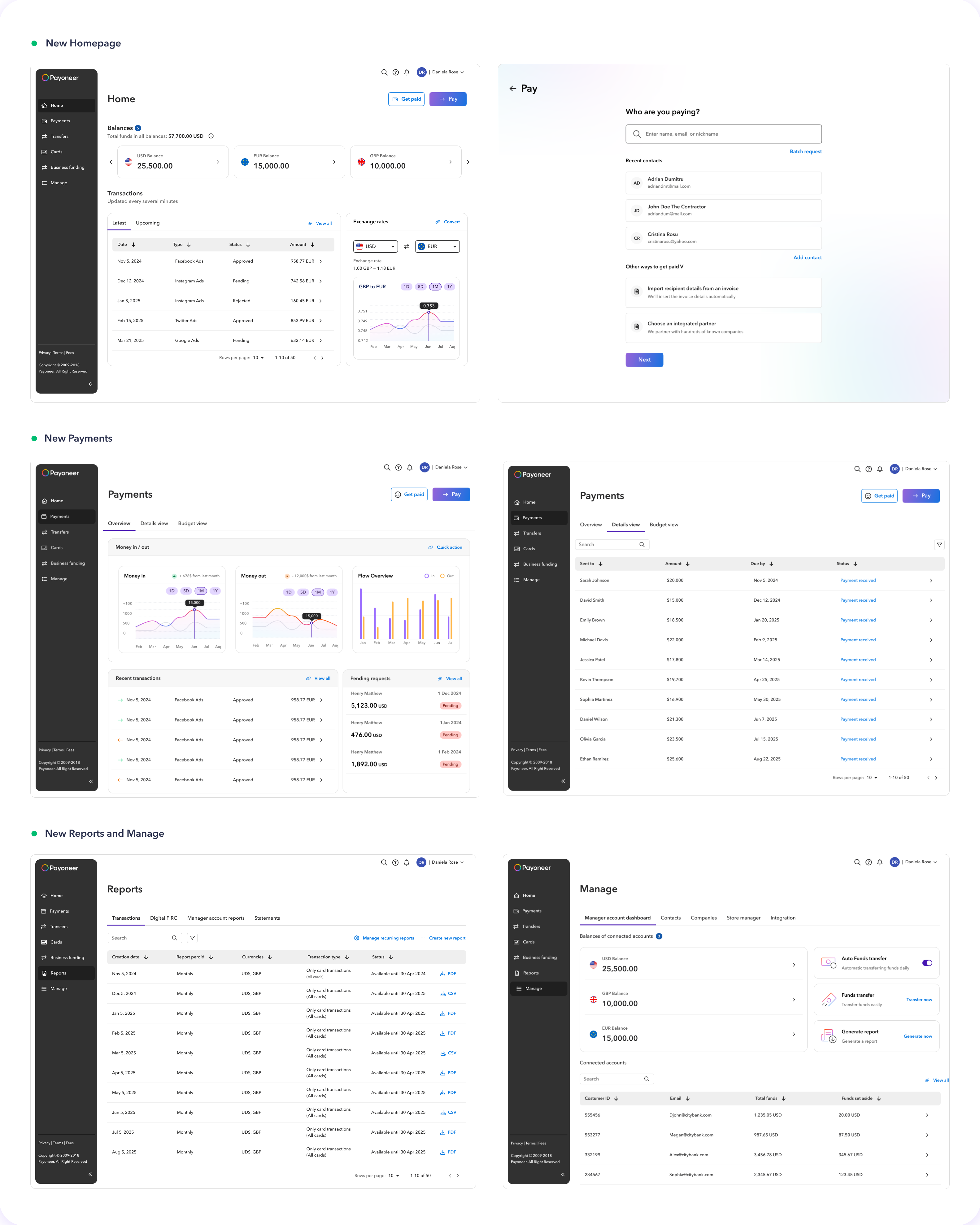 New screens: Home with balances and transactions, Pay wizard, Payments overview and details view, Reports, Manage