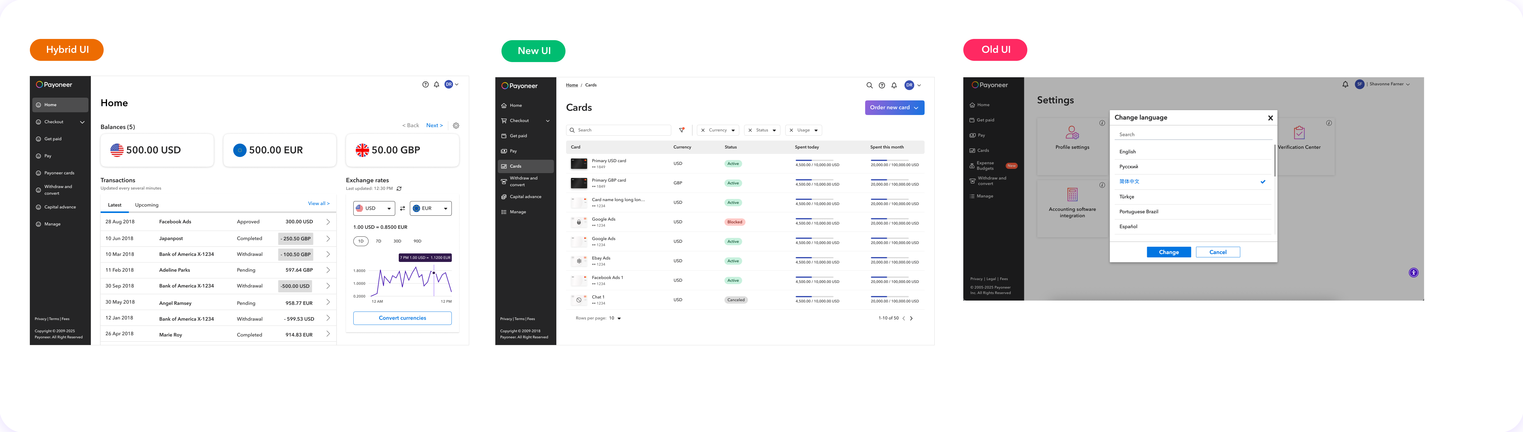 Home in hybrid UI, Cards in new UI, Settings in old UI