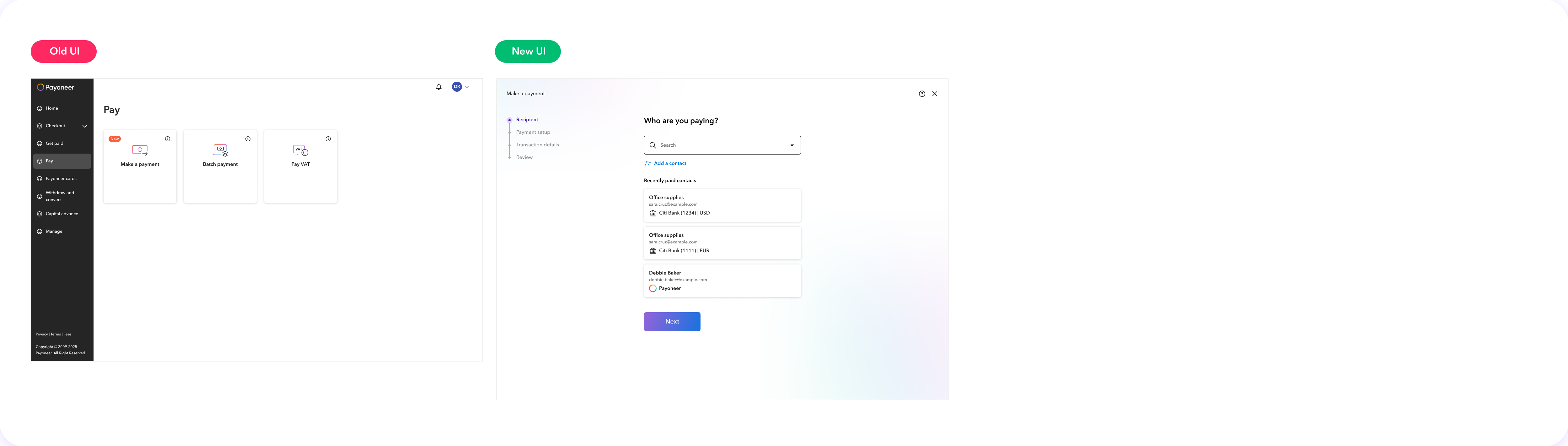 Pay landing page in old UI, Make a payment wizard in new UI
